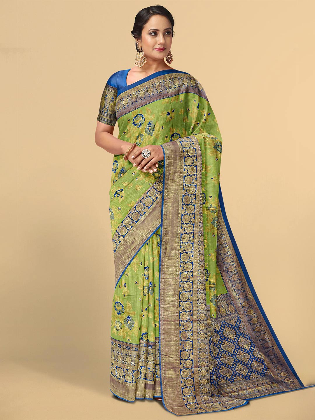 

Kalamandir Green & Blue Floral Zari Silk Blend Saree