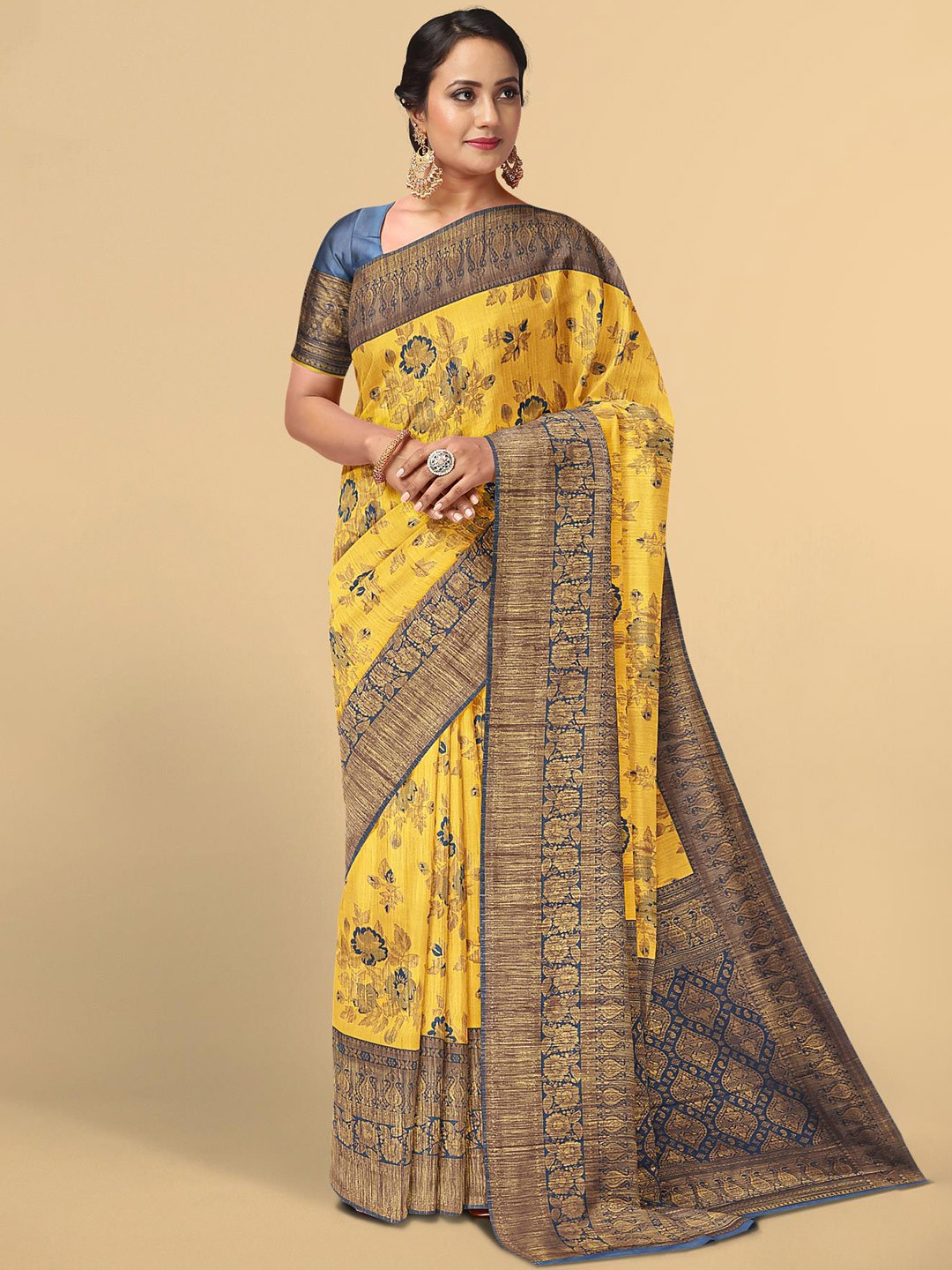 

Kalamandir Yellow & Blue Floral Zari Silk Blend Saree