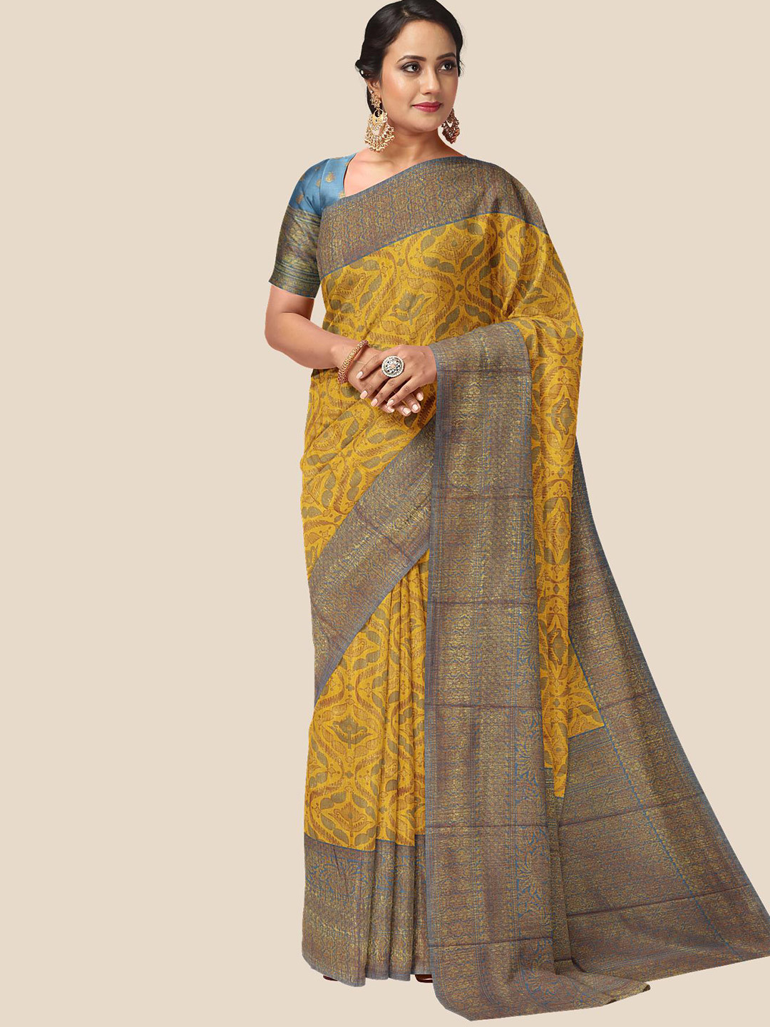 

Kalamandir Yellow & Blue Zari Silk Blend Saree