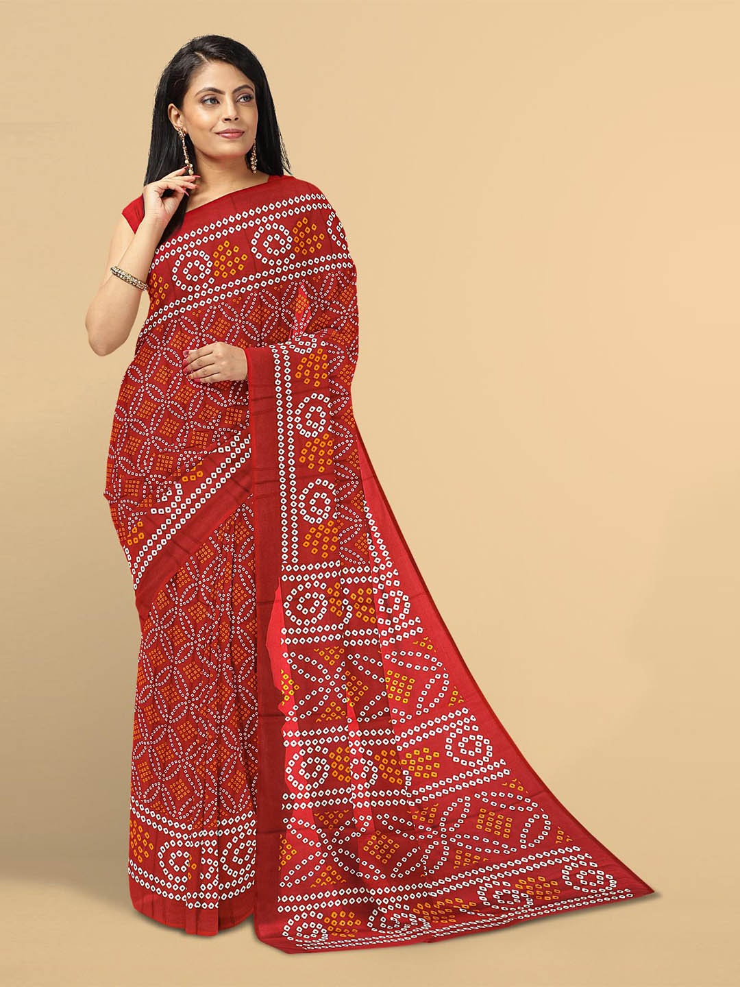 

Kalamandir Red & White Bandhani Jute Silk Saree