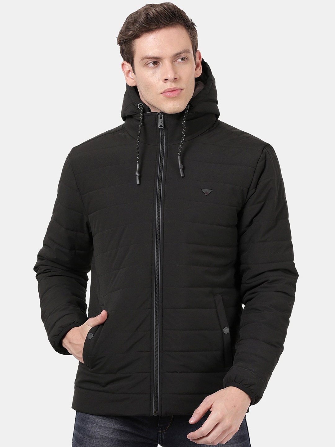 

t-base Men Black Checked Windcheater Padded Jacket