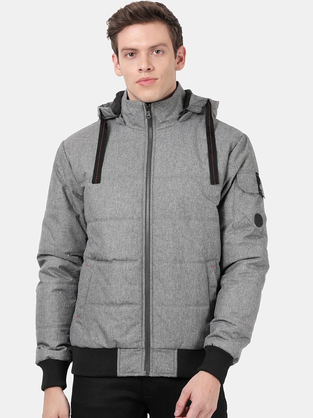 

t-base Men Grey Colourblocked Windcheater Puffer Jacket with Patchwork