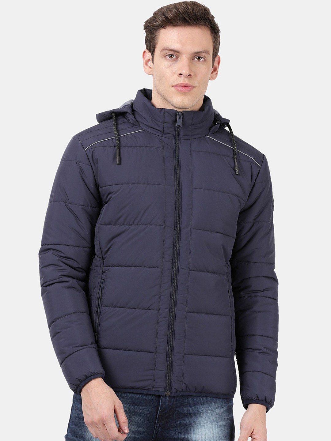 

t-base Men Navy Blue Windcheater Longline Puffer Jacket