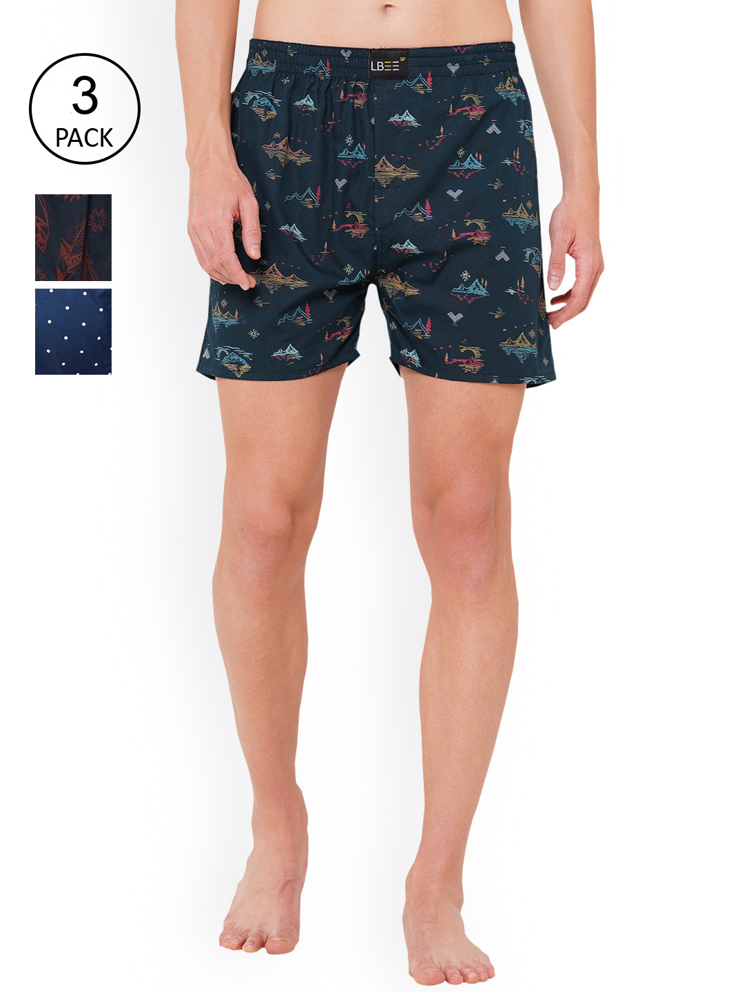 

LBEE Men Pack Of 3 Printed Boxers, Navy blue