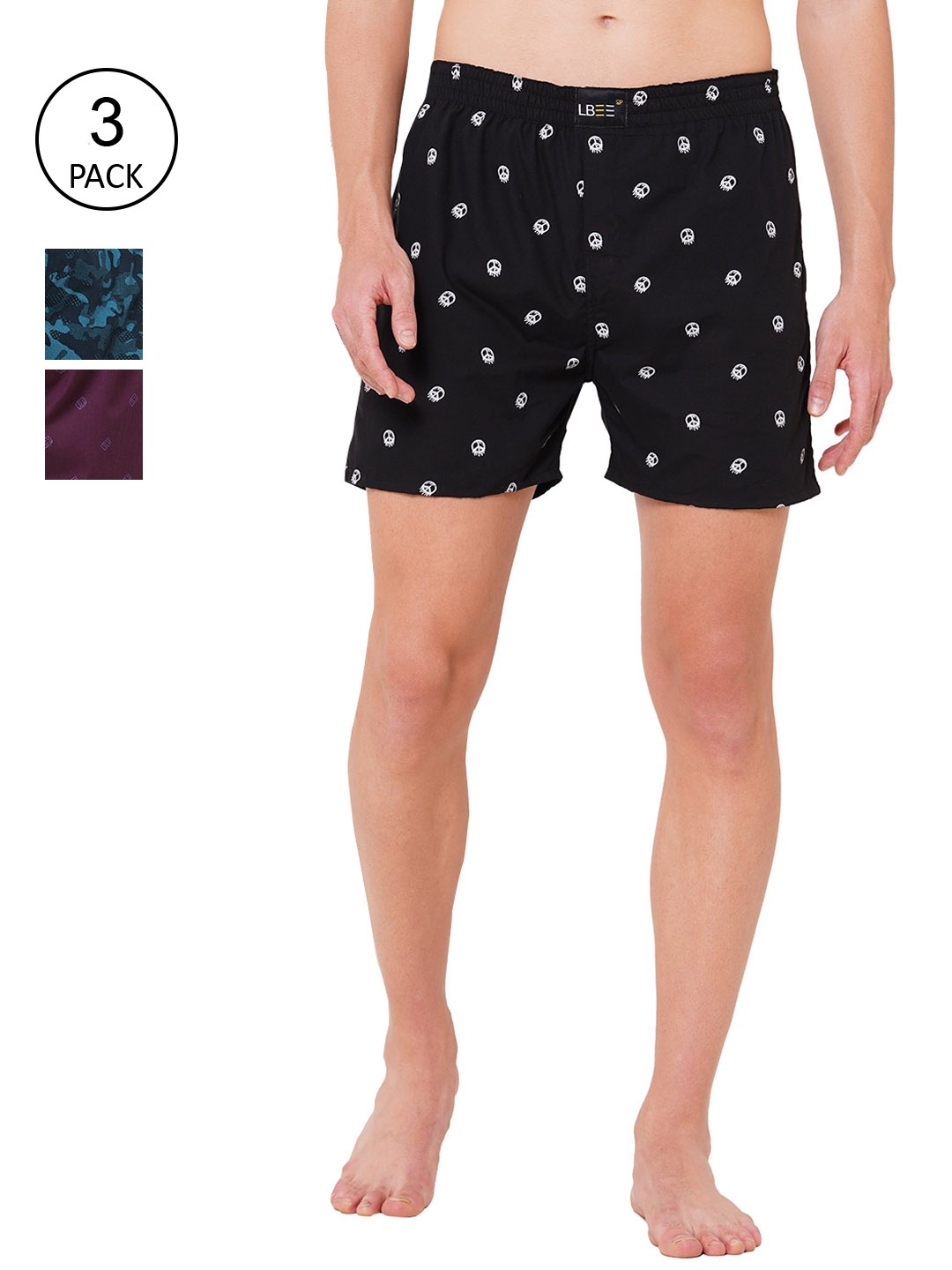 

LBEE Men Pack of 3 Printed Boxers, Black