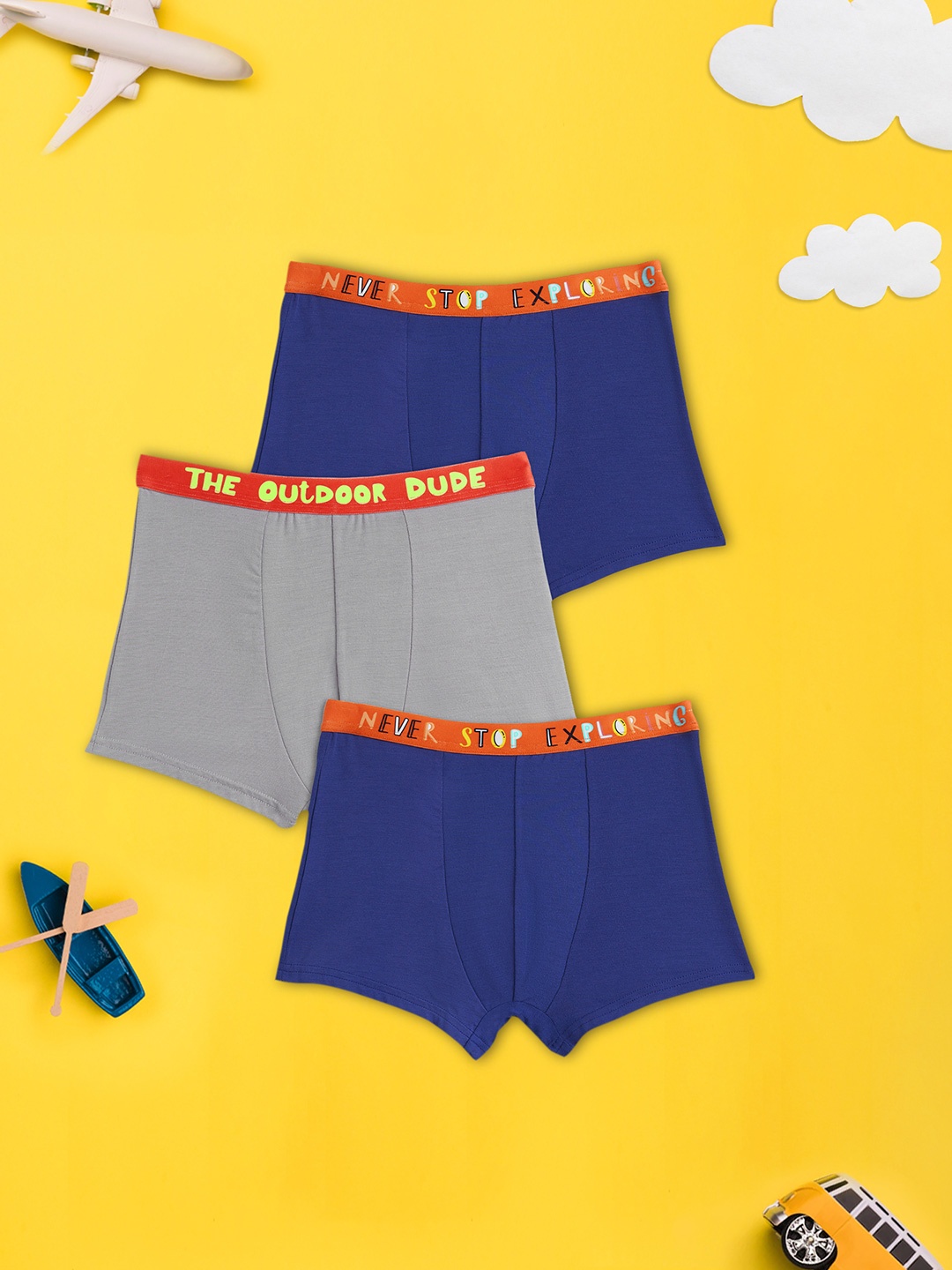 

XY Life Boys Pack Of 3 Grey & Blue Solid IntelliSoft Tencel Modal Playmate Trunk