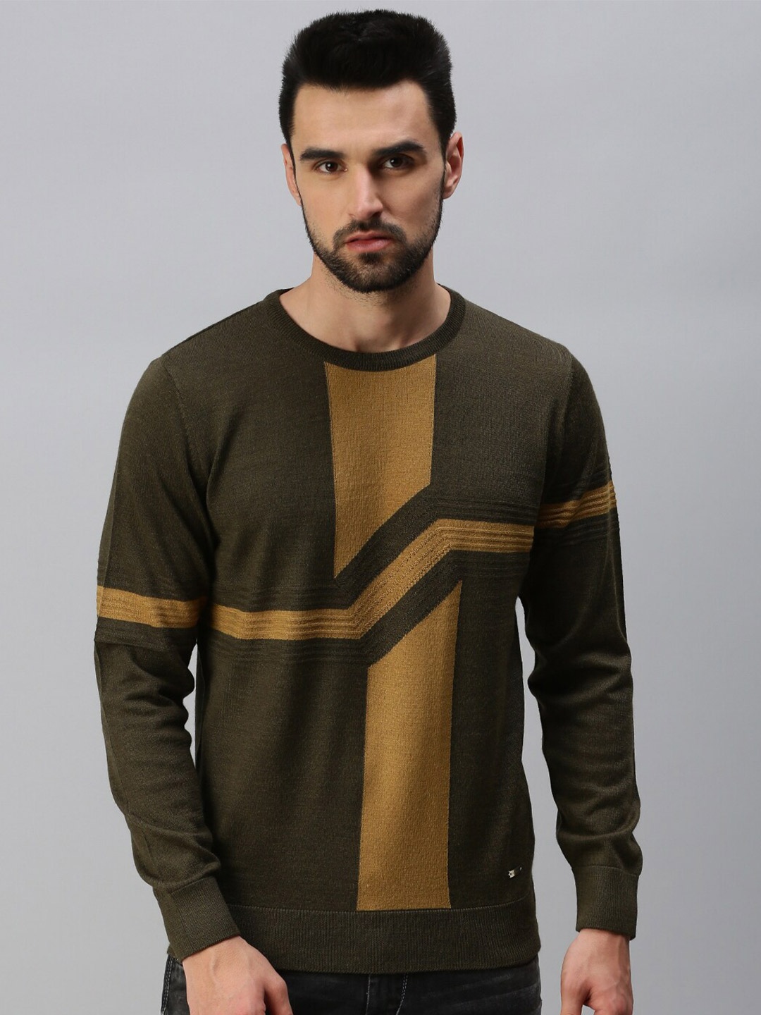 

98 Degree North Men Olive Green & Brown Pullover