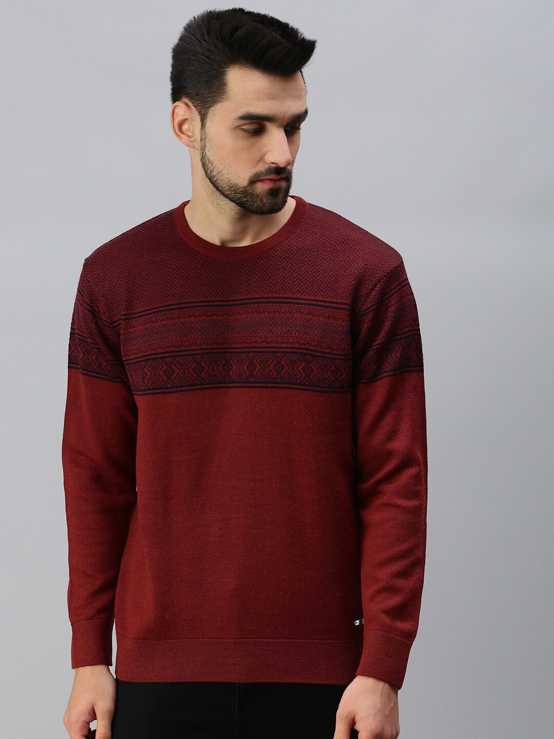 

98 Degree North Men Maroon & Navy Blue Striped Pullover