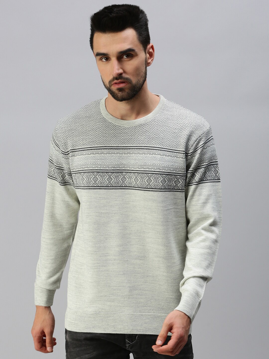 

98 Degree North Men Grey & Black Striped Pullover