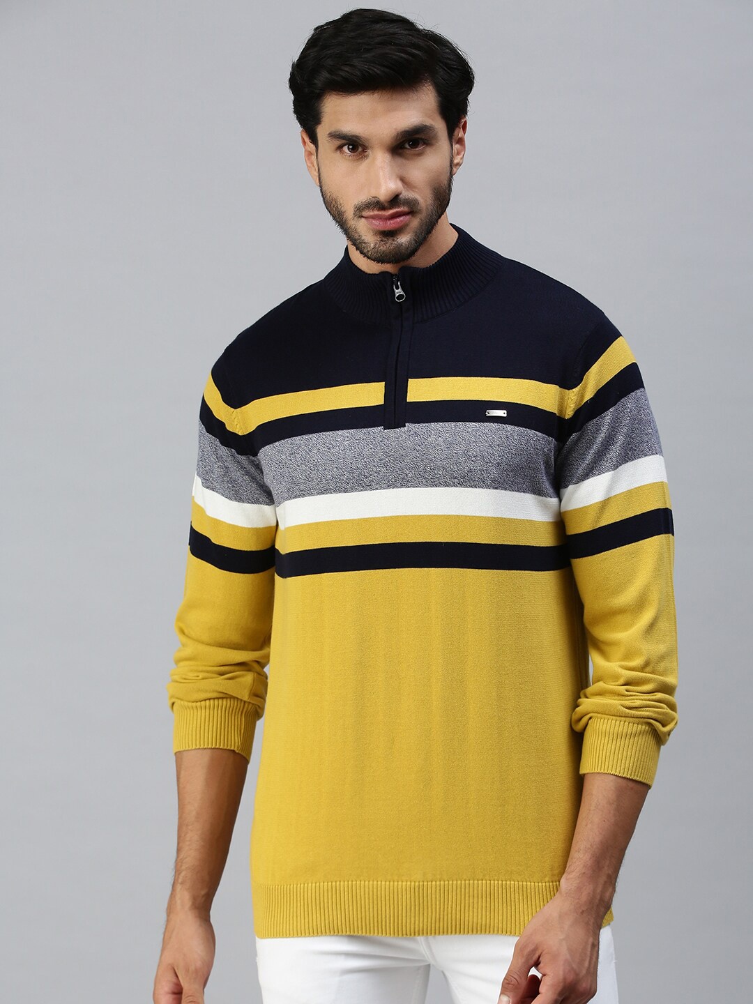 

98 Degree North Men Navy Blue & Mustard Striped Pullover
