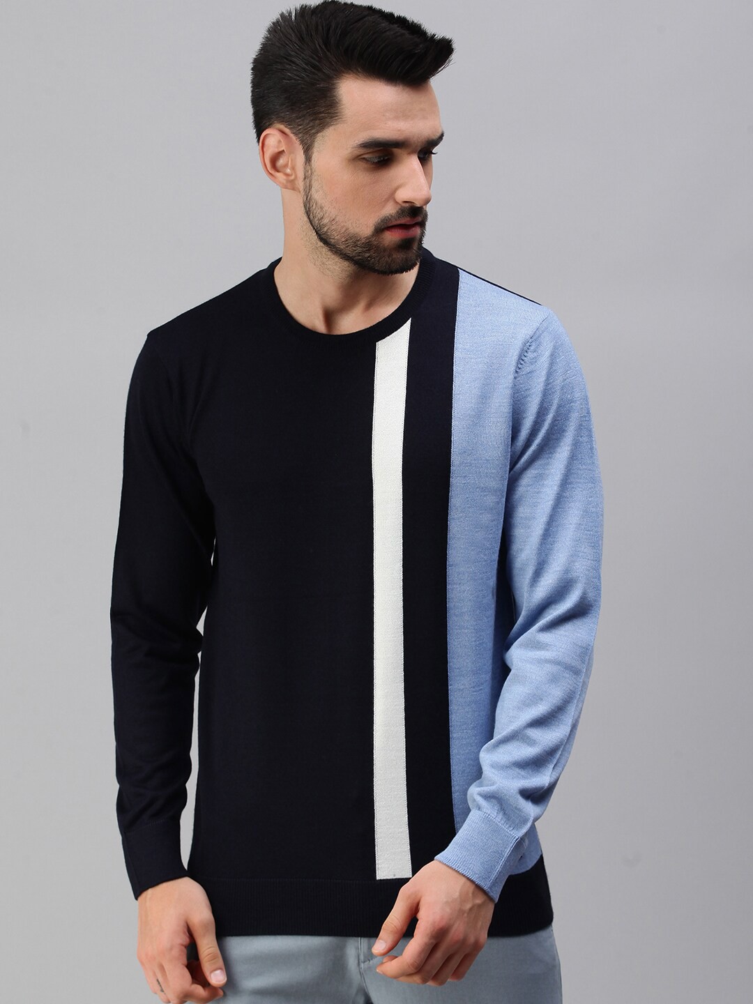 

98 Degree North Men Navy Blue & White Striped Pullover