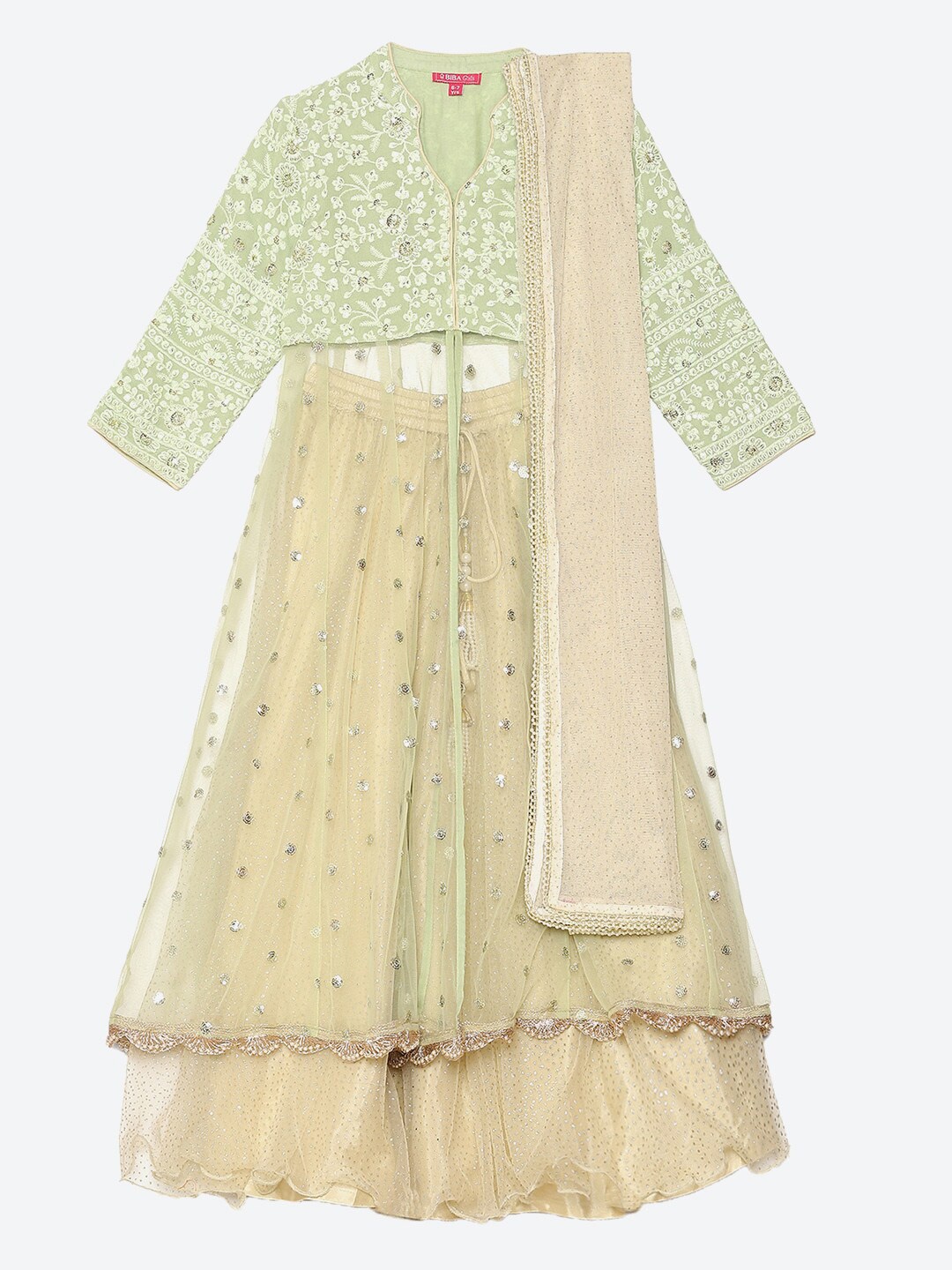 

Biba Girls Green & Off White Embroidered Ready to Wear Lehenga & Blouse With Dupatta