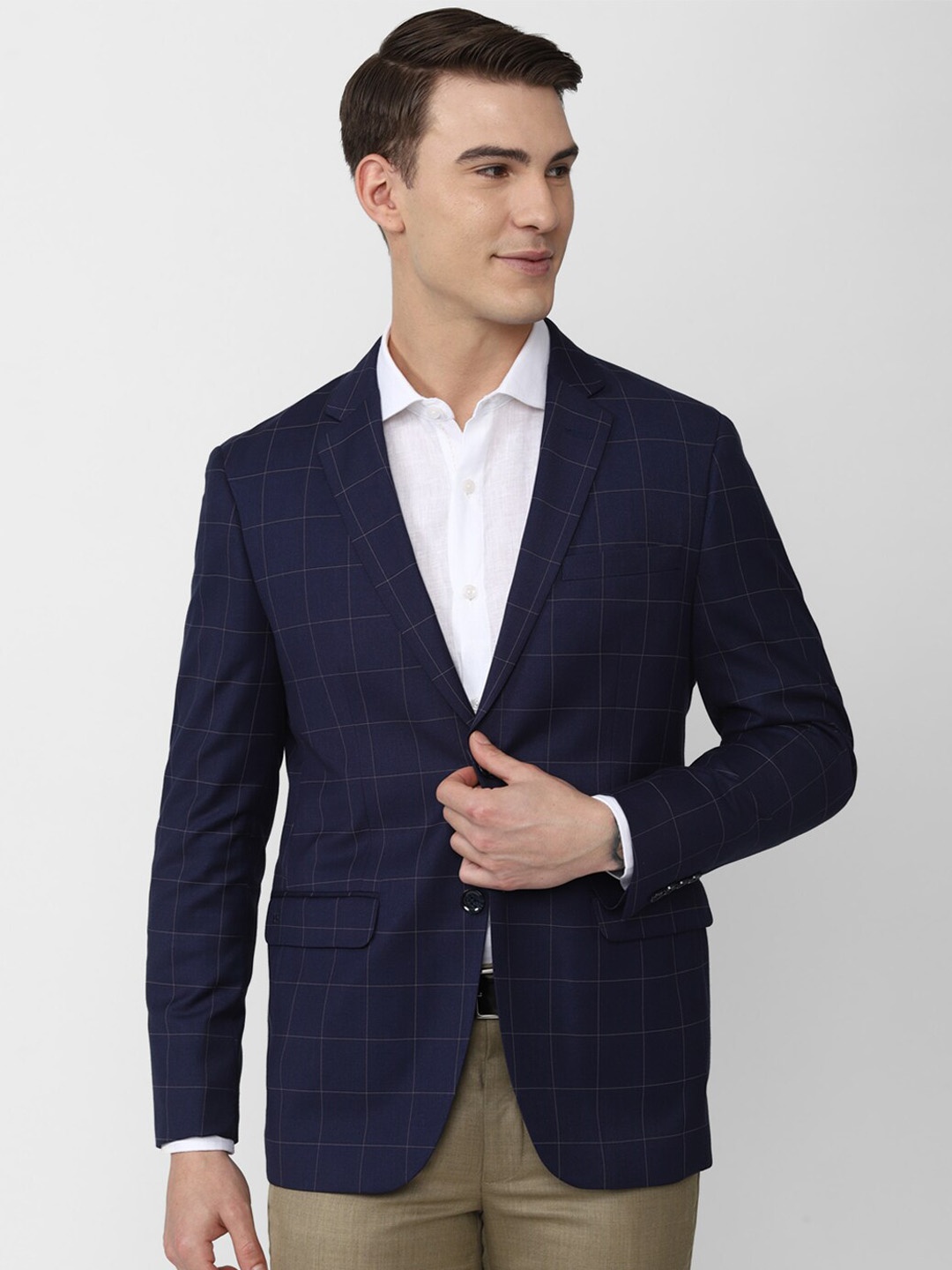 

Peter England Elite Men Navy Blue Checked Single-Breasted Slim-Fit Formal Blazer