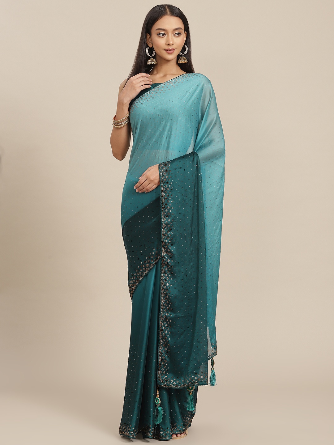 

SHUBHVASTRA Teal & Turquoise Blue Embellished Sequinned Saree