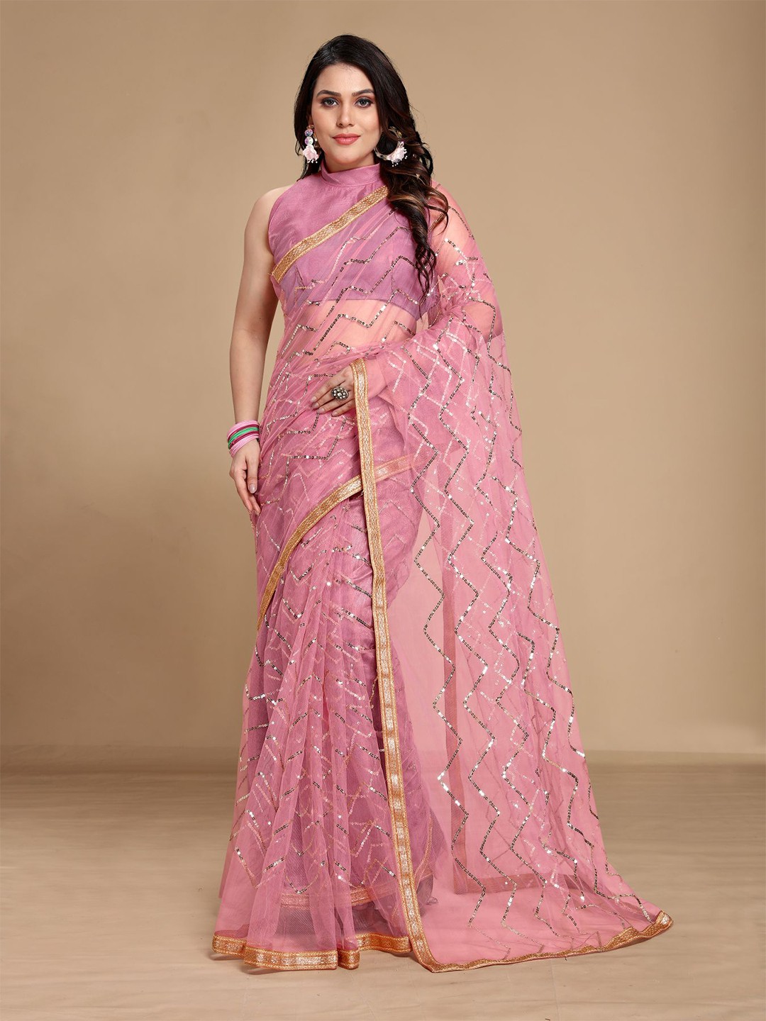 

VAIRAGEE Pink & Gold-Toned Striped Sequinned Net Saree
