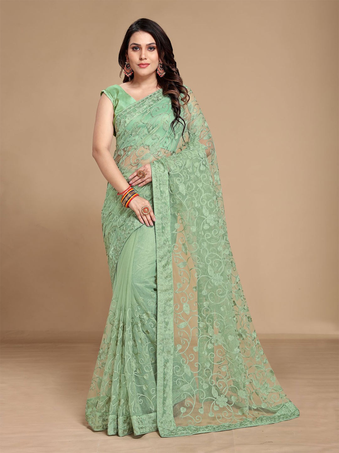 

VAIRAGEE Olive Green Floral Embroidered Net Saree