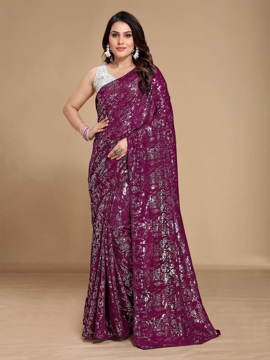 

VAIRAGEE Purple & Silver-Toned Embellished Sequinned Pure Georgette Saree