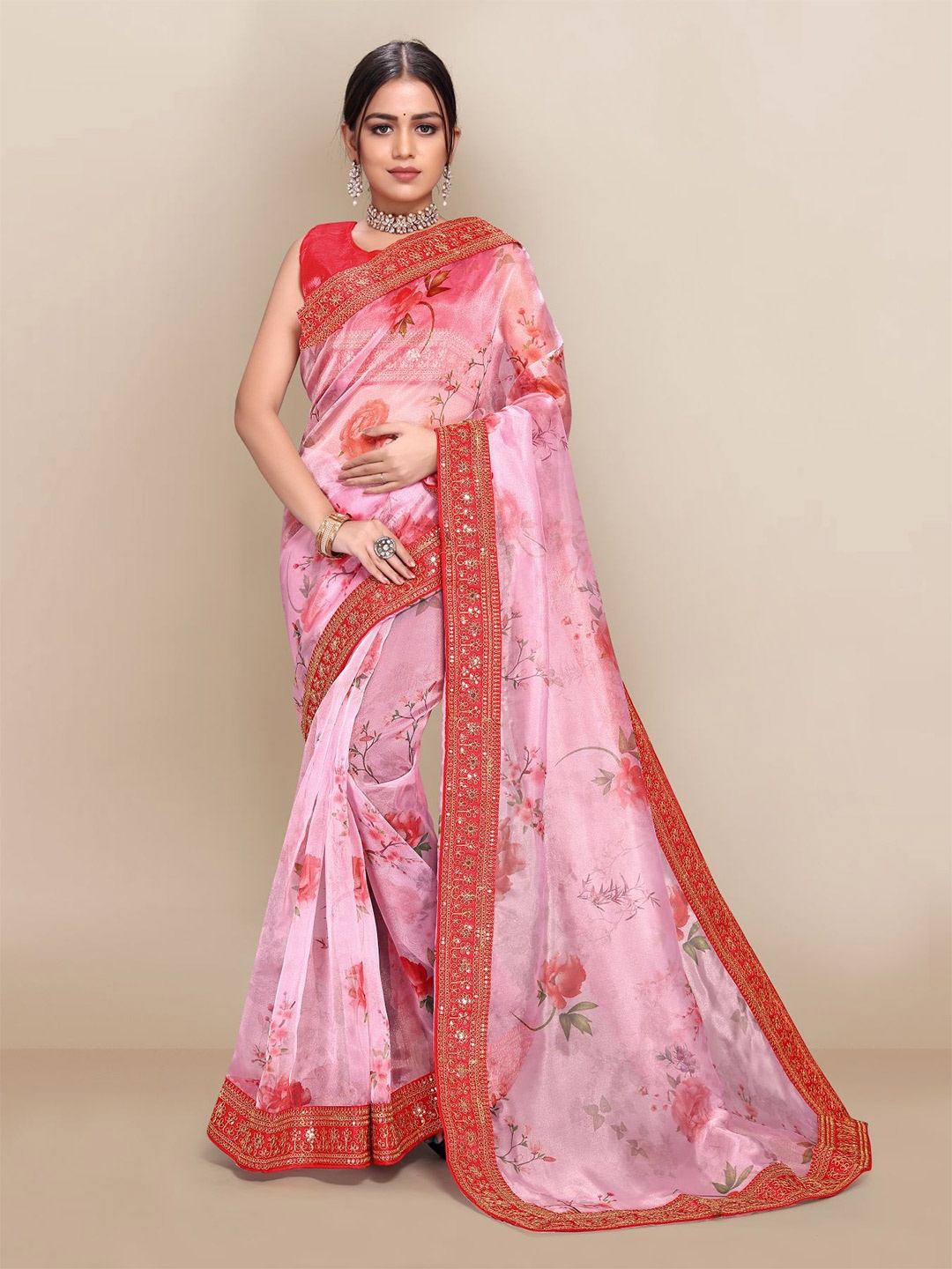 

VAIRAGEE Pink & Red Floral Organza Saree