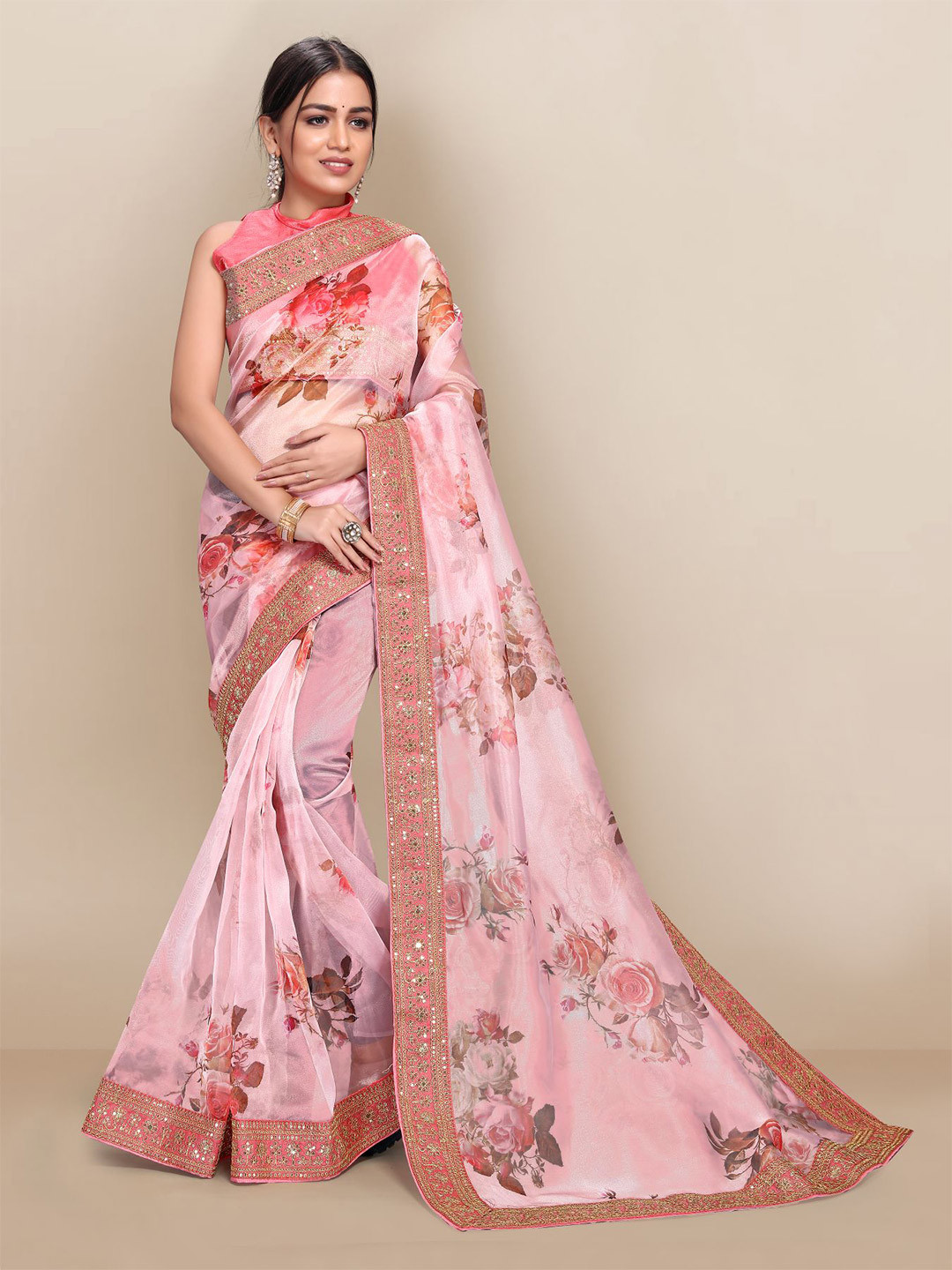 

VAIRAGEE Pink & Gold-Toned Floral Embroidered Organza Saree