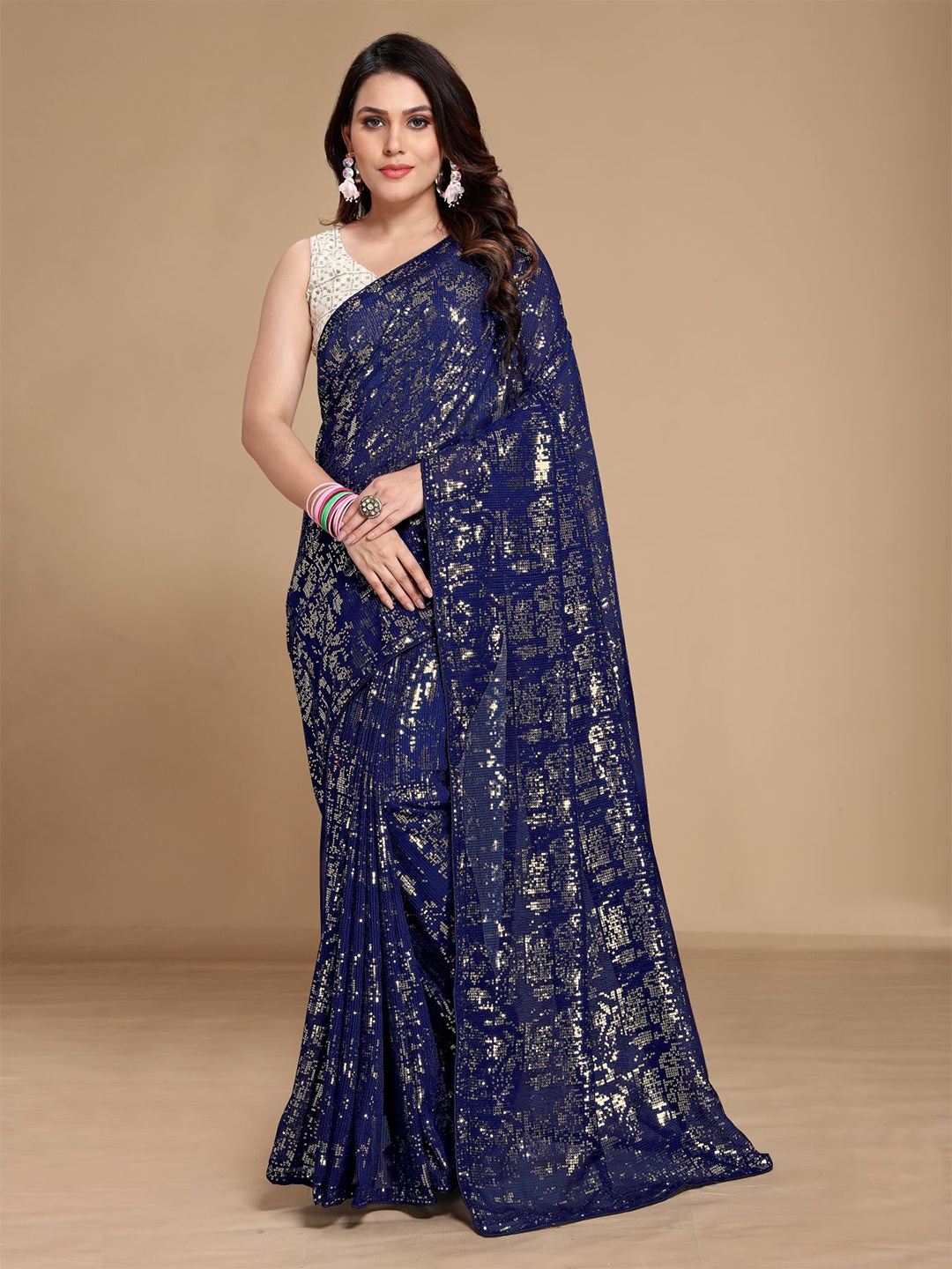 

VAIRAGEE Blue Embellished Sequinned Pure Georgette Saree