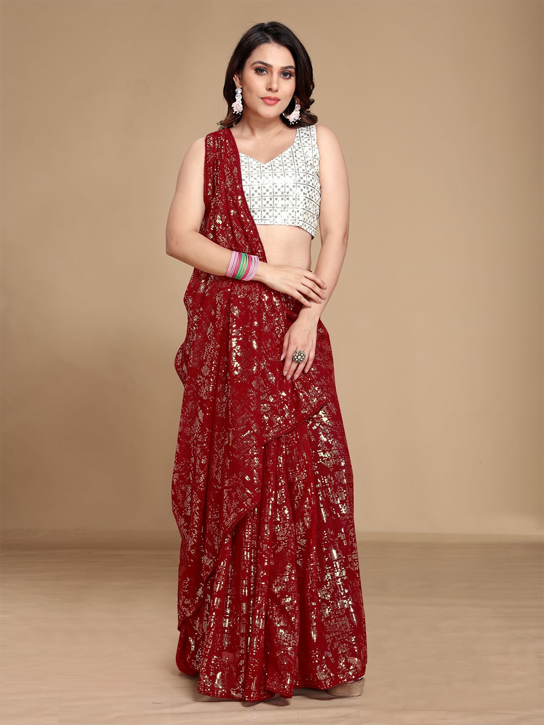 

VAIRAGEE Maroon & Silver-Toned Embellished Sequinned Pure Georgette Saree