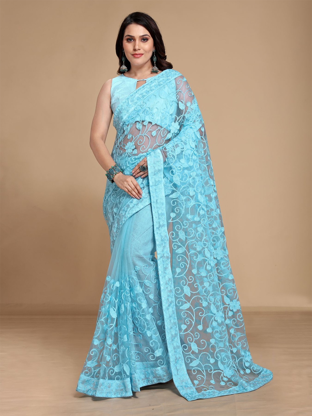 

VAIRAGEE Blue Floral Net Saree
