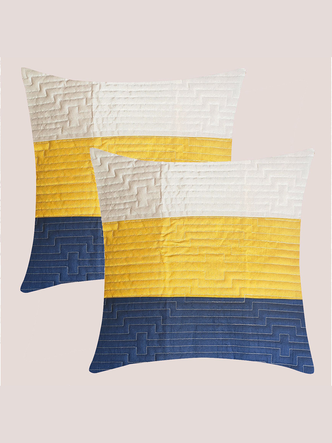 

Molcha Mustard & Blue Set of 2 Striped Square Cushion Covers