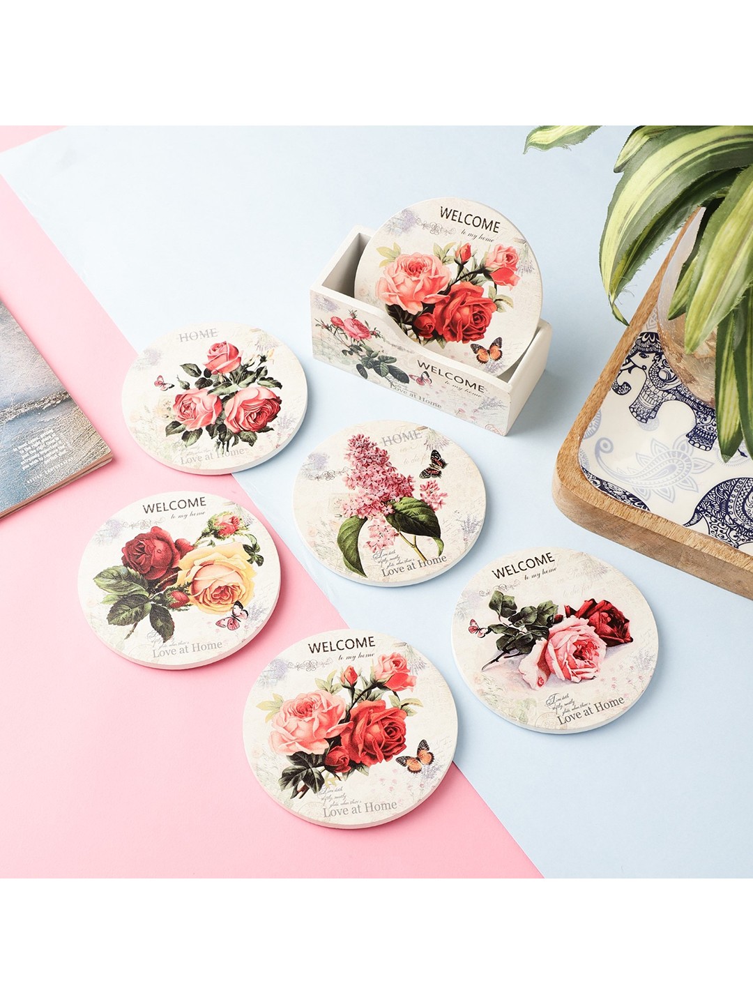 

The Decor Mart Set Of 6 White & Pink Floral Coasters
