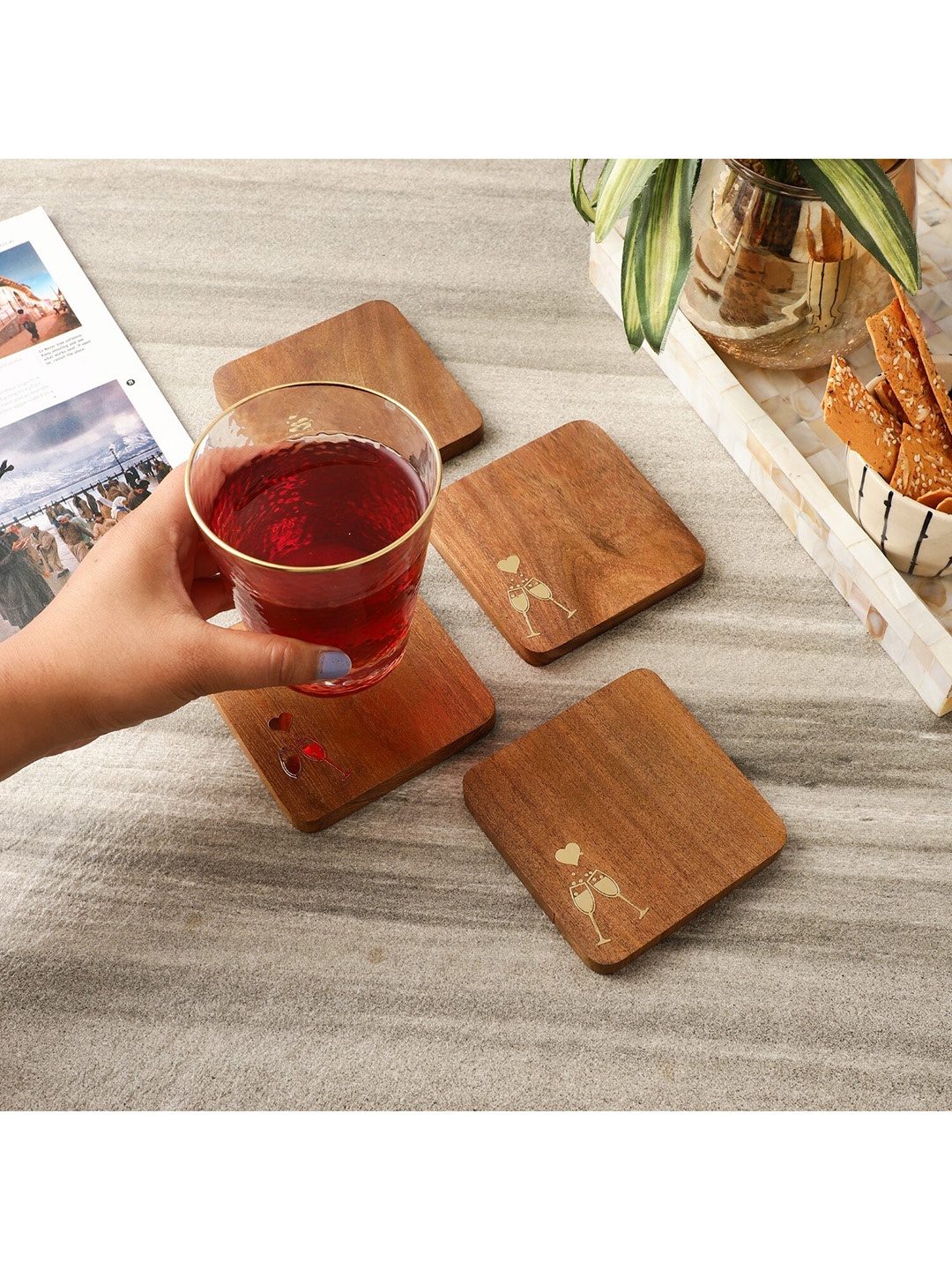 

The Decor Mart Set Of 4 Green Printed Wine Wooden Coasters