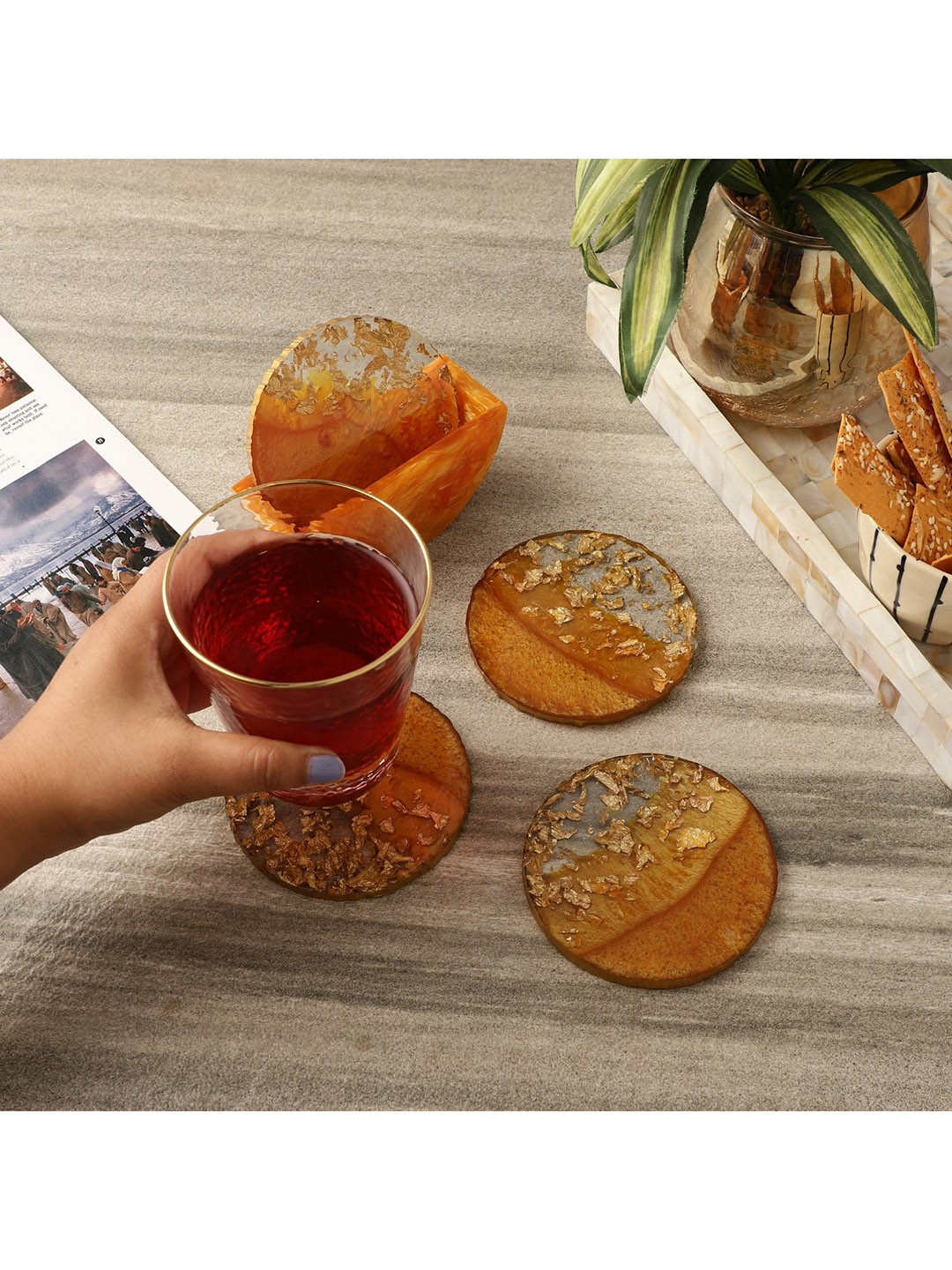 

The Decor Mart Set Of 4 Yellow Solid Rustic Coasters