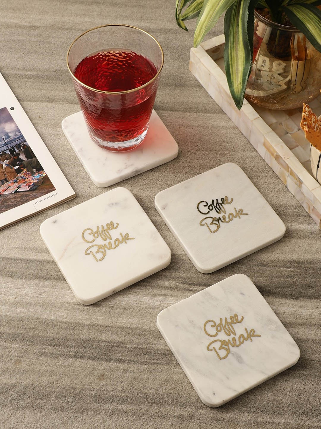 

The Decor Mart Set Of 4 White & Gold Coloured Printed Marble Coasters