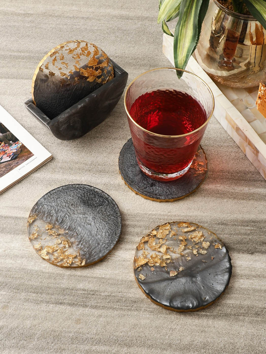 

The Decor Mart Set Of 4 Yellow & Black Printed Rustic Coasters