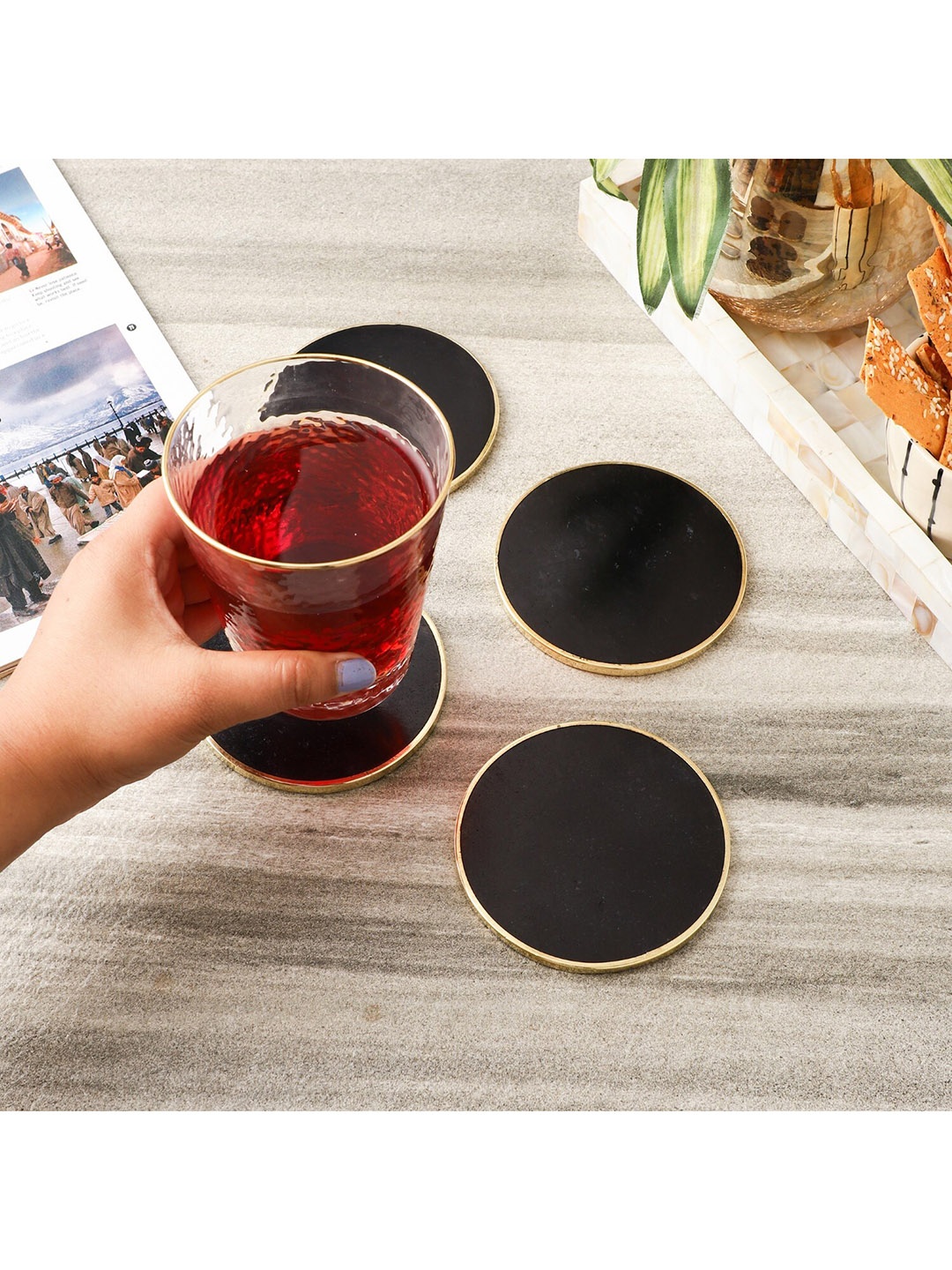 

The Decor Mart Set Of 4 Black Solid Marble Coasters, Multi