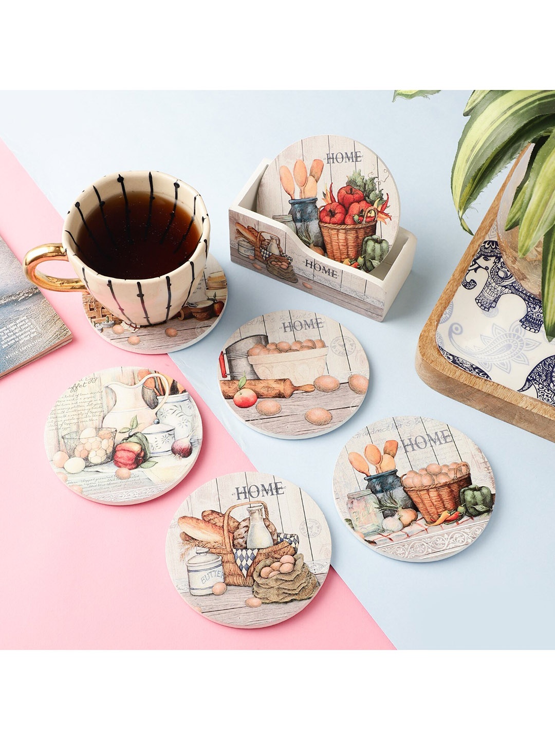 

The Decor Mart Set Of 4 White Printed Home Coasters