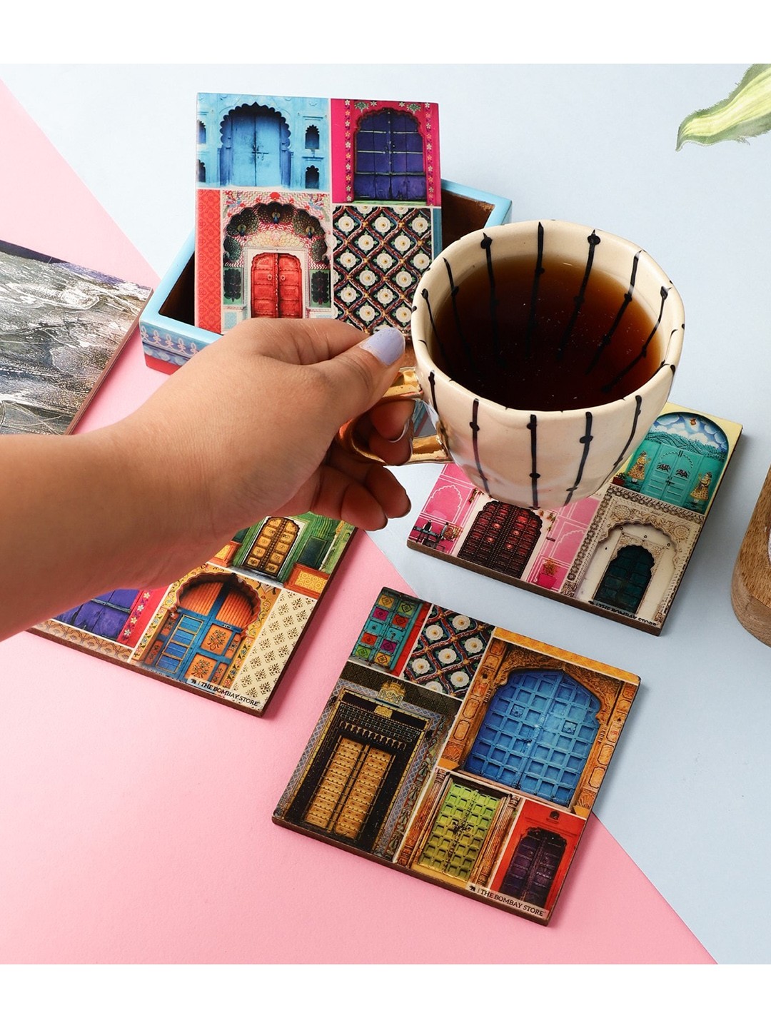 

The Decor Mart Set Of 4 Blue Printed Collage Coasters