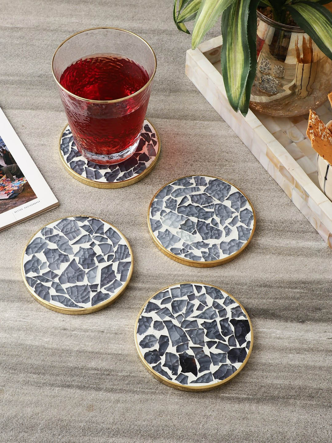 

The Decor Mart Set Of 4 Blue Printed Mosaic Glass Coasters, Multi