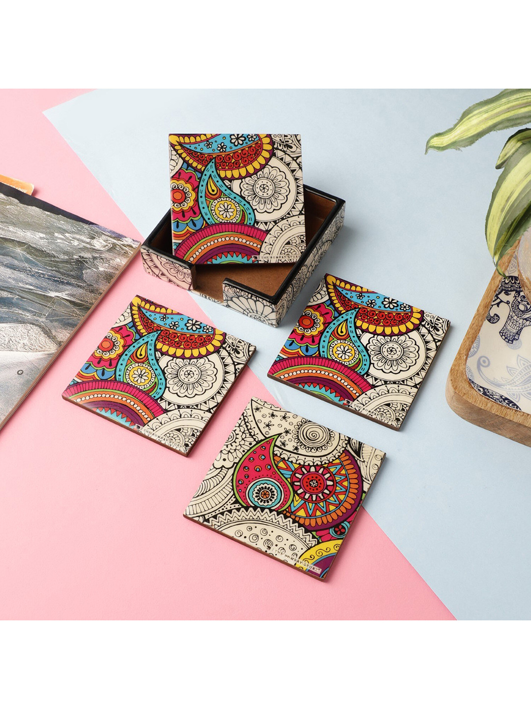 

The Decor Mart Set Of 4 Multicoloured Printed Wooden Coasters, Multi