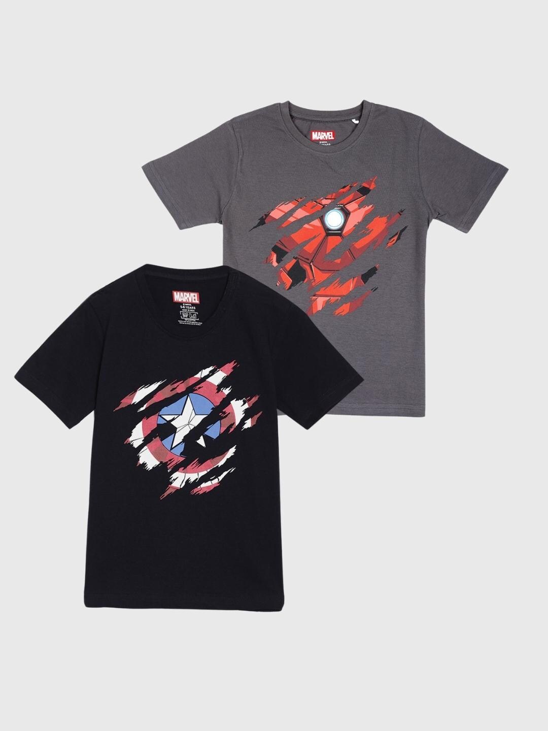 

Nap Chief Pack of 2 Boys Grey & Black Captain America Printed Pure Cotton Slim Fit T-shirt