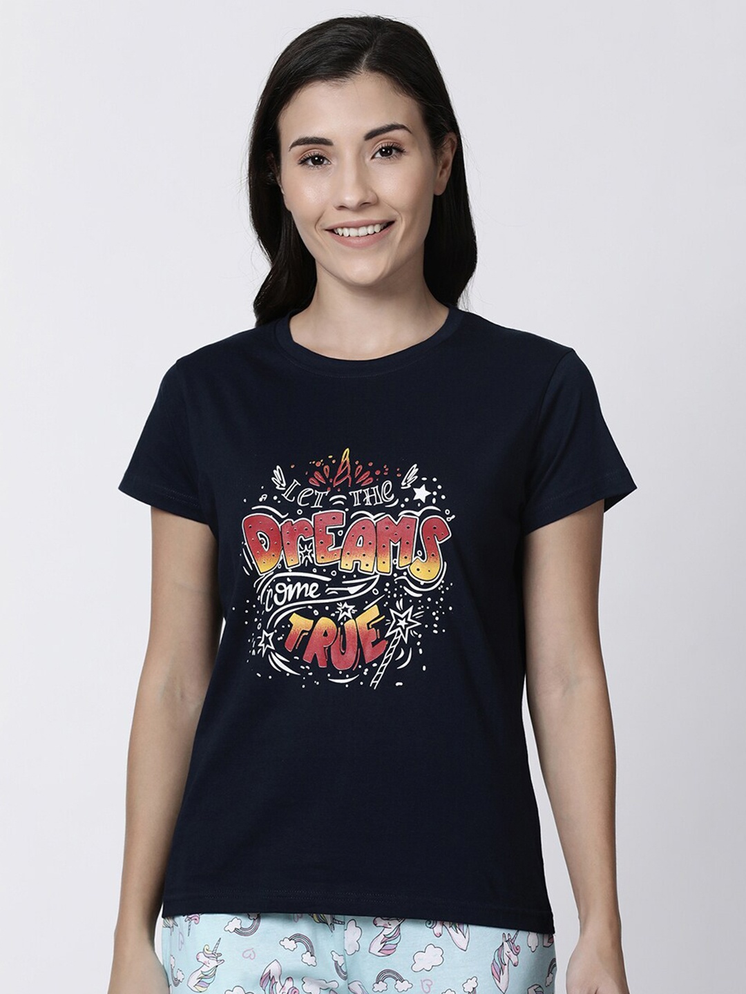 

Kryptic Women Navy Blue Printed Pure Cotton Lounge T-shirt