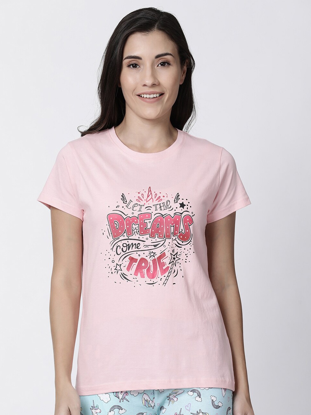 

Kryptic Women Pink Floral Printed Applique Lounge T-shirt