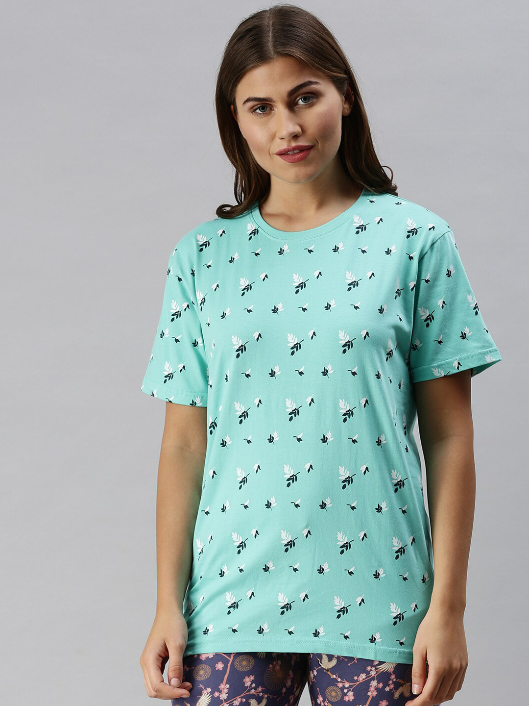 

Kryptic Women Green & White Printed Pure Cotton Lounge T-shirt
