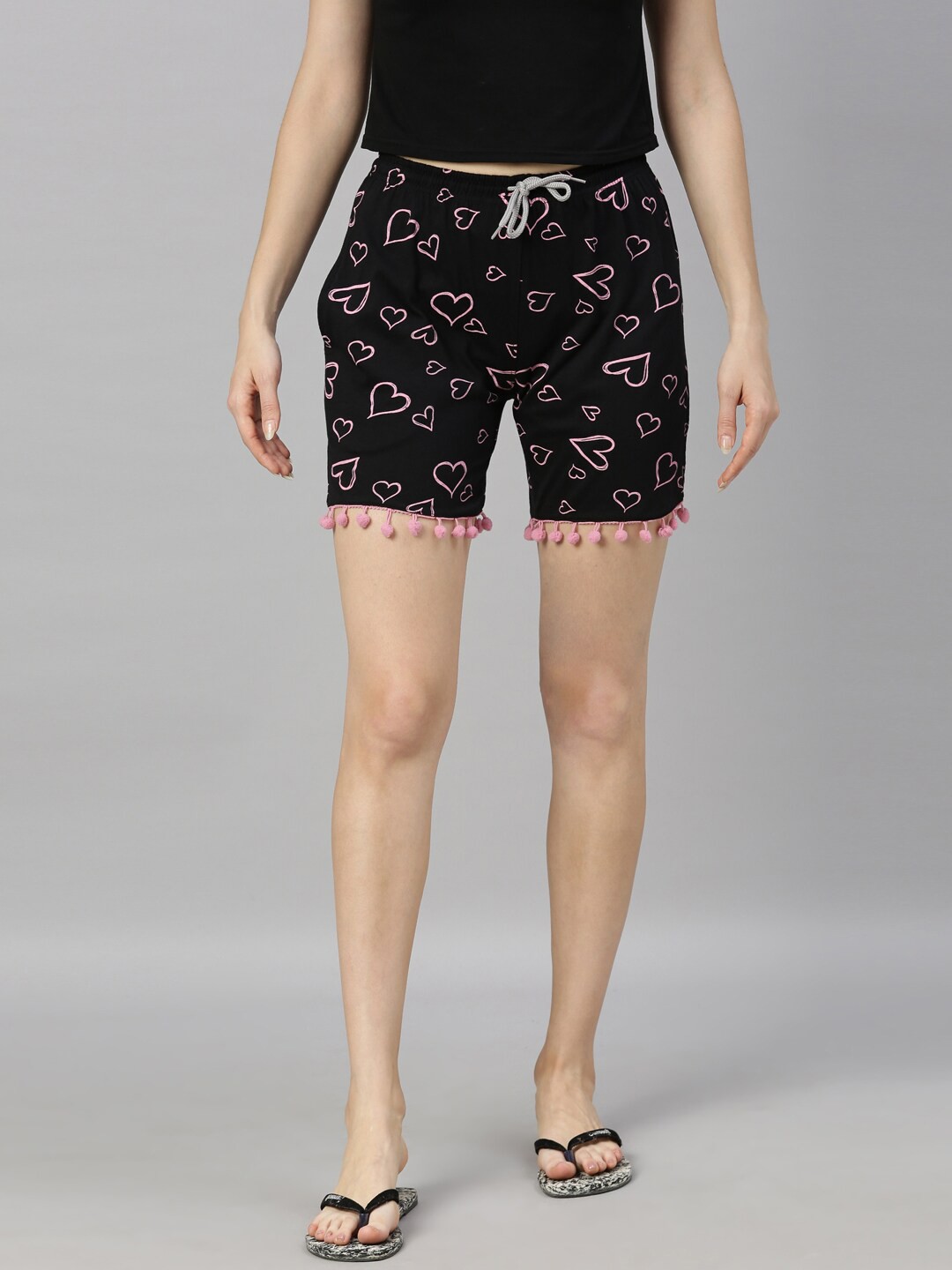 

Kryptic Women Black & Peach-Coloured Printed Lounge Shorts