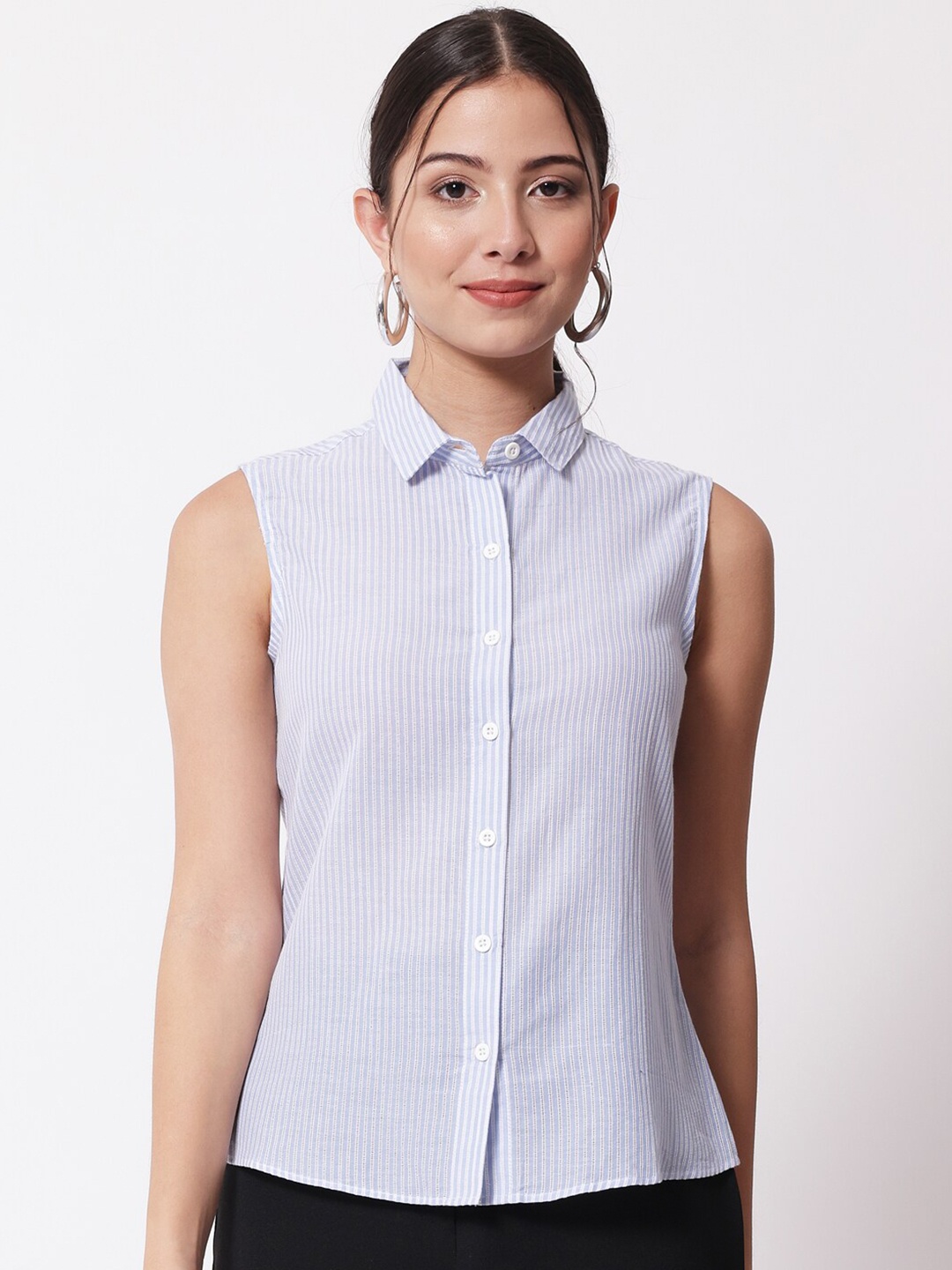 

CHARMGAL Women Blue Slim Fit Striped Casual Shirt