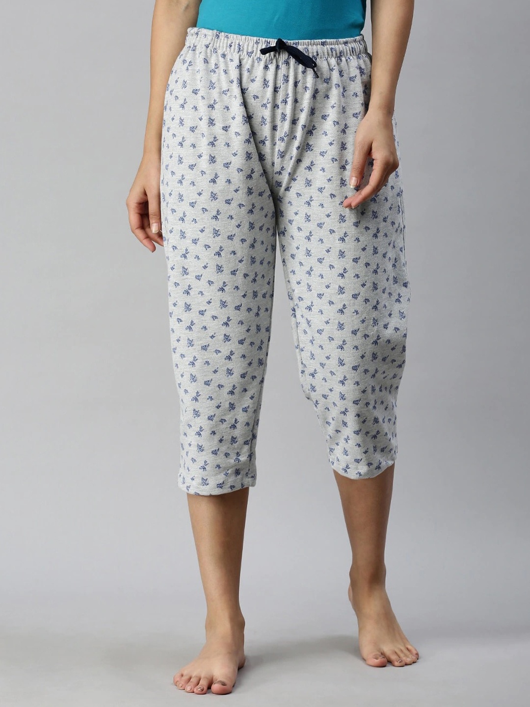 

Kryptic Women Grey Mellange & Blue Printed Cotton Lounge Pants, Grey melange