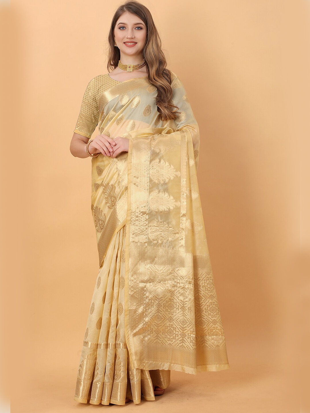 

MARGI DESIGNERS Beige Ethnic Motifs Zari Organza Baluchari Saree