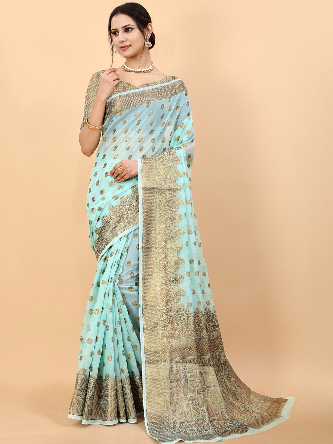 

MARGI DESIGNERS Turquoise Blue & Gold-Toned Ethnic Motifs Zari Silk Cotton Kanjeevaram Saree