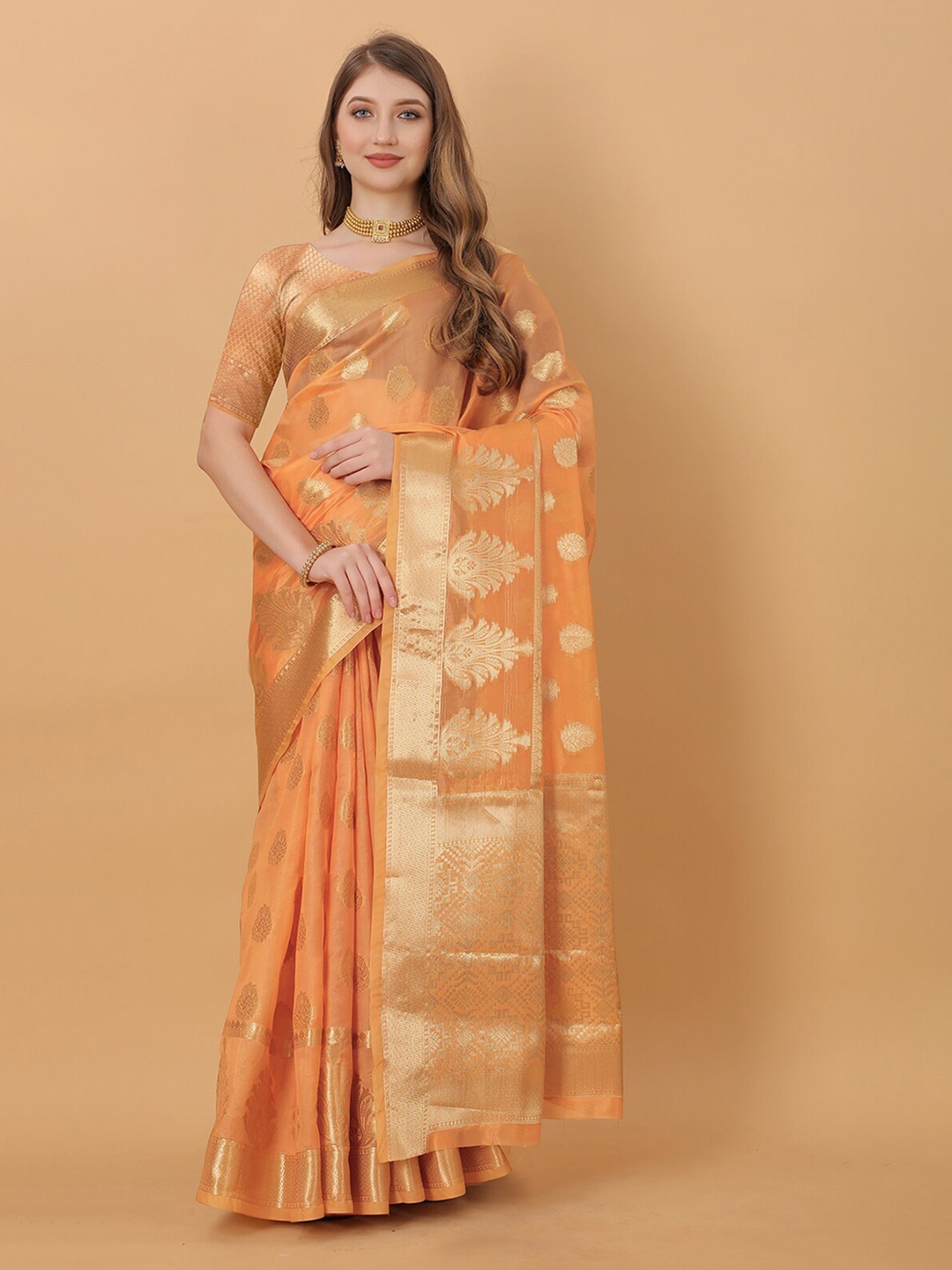 

MARGI DESIGNERS Orange Ethnic Motifs Zari Organza Baluchari Saree