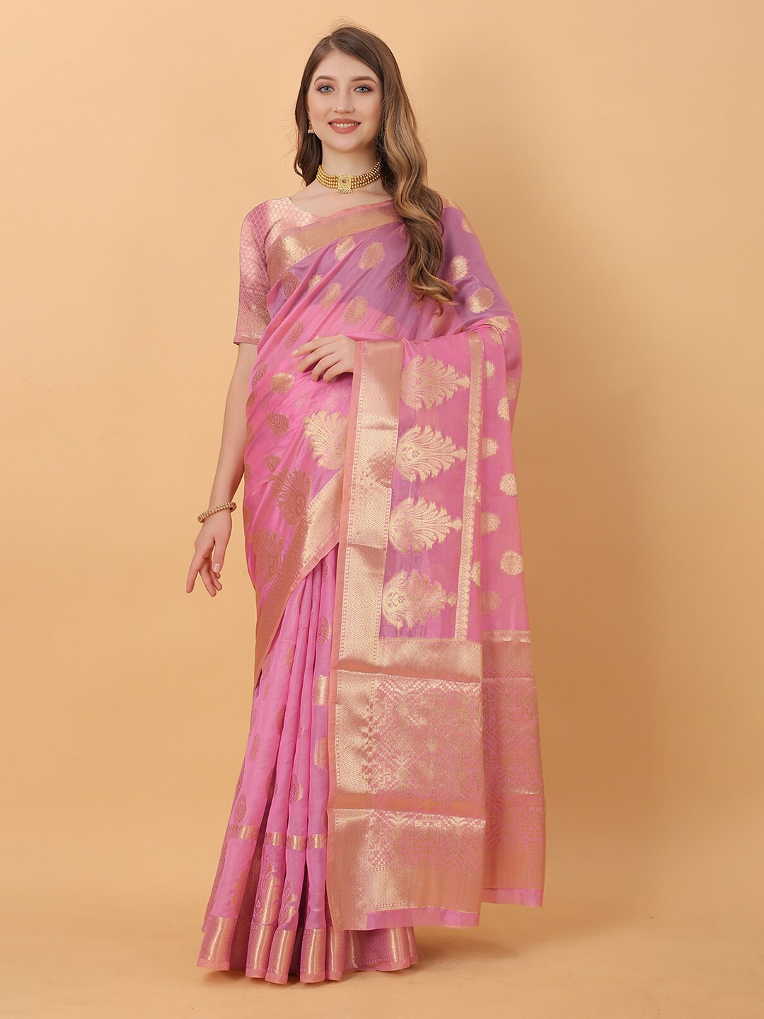 

MARGI DESIGNERS Pink & Gold-Toned Ethnic Motifs Zari Organza Baluchari Saree