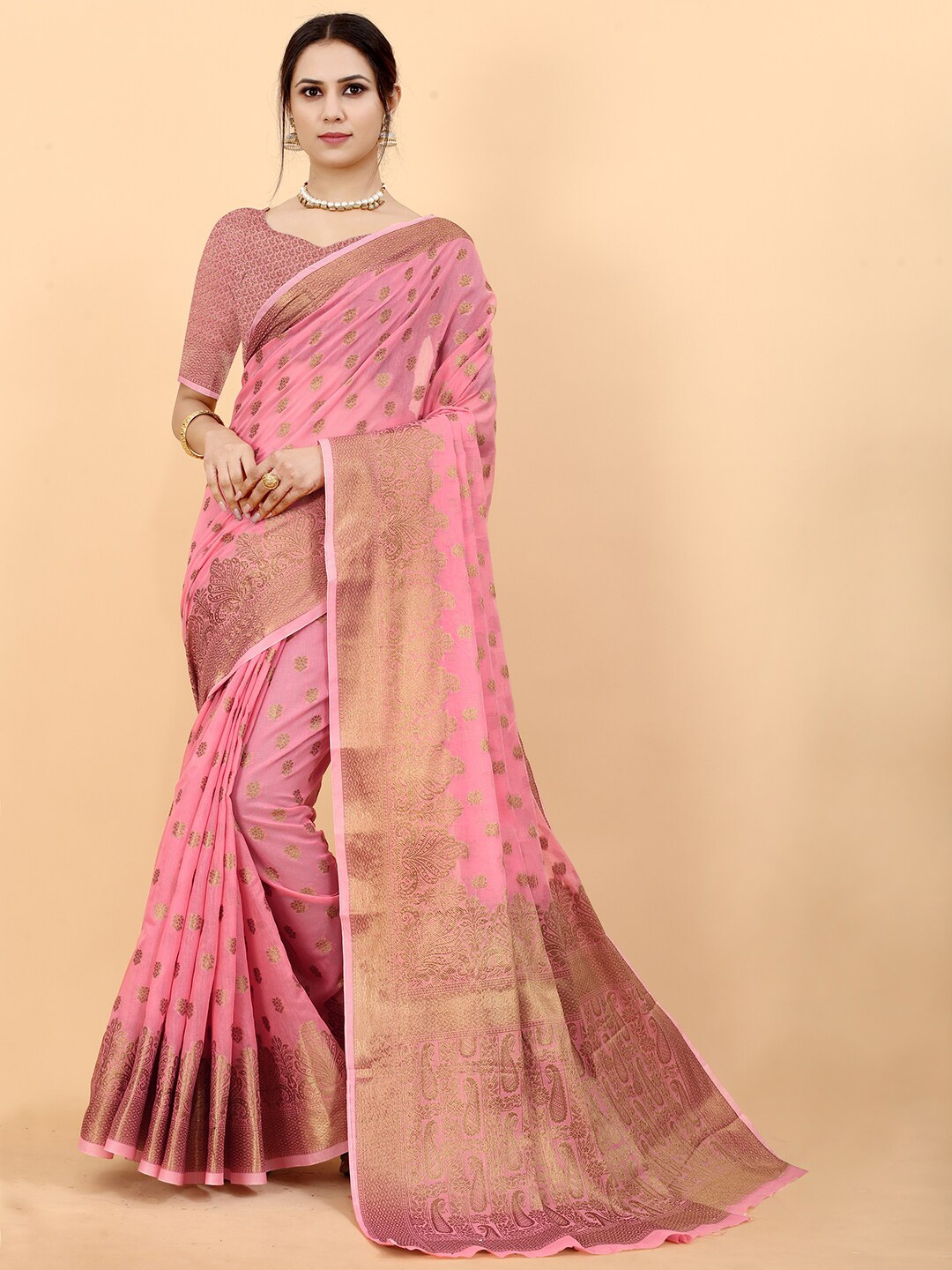 

MARGI DESIGNERS Pink & Gold-Toned Ethnic Motifs Zari Silk Cotton Kanjeevaram Saree