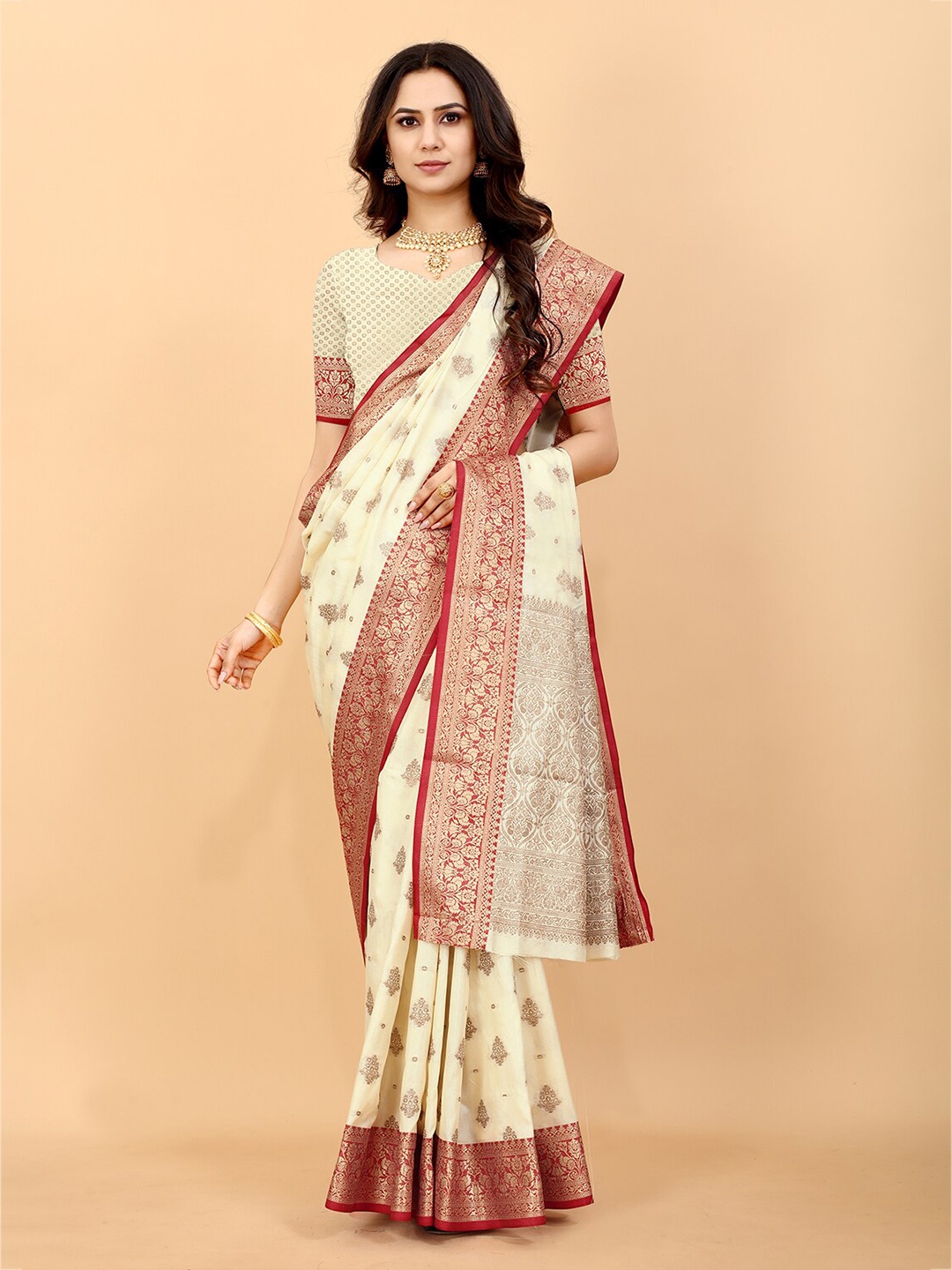 

MARGI DESIGNERS Off White & Red Ethnic Motifs Zari Art Silk Kanjeevaram Saree